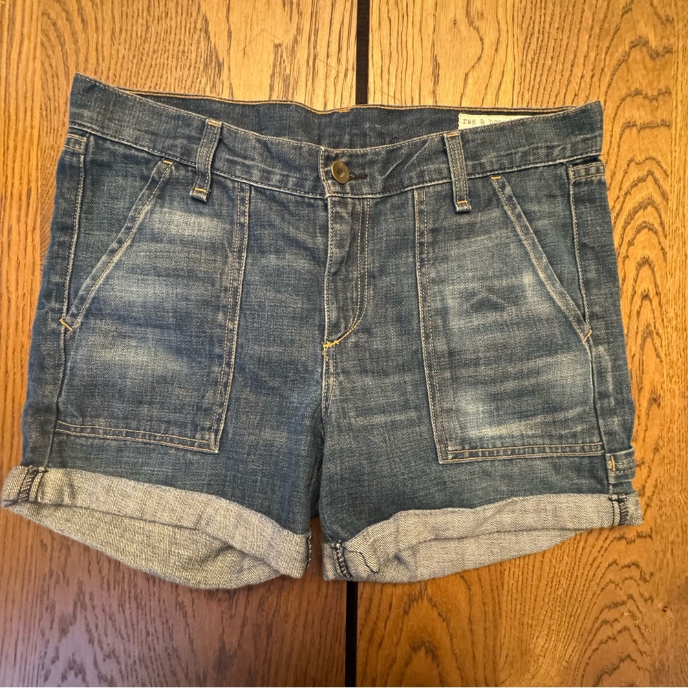 175 RAG & BONE Medium Blue Cuff Hem Denim Jean Shorts 26‎ Carpenter Lanley